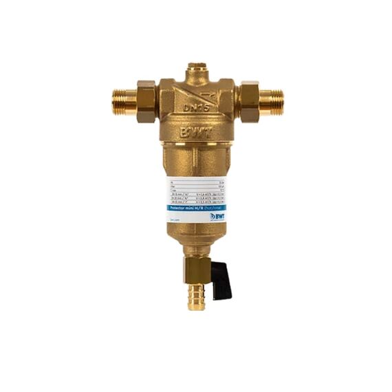 Магистральный сетчатый фильтр BWT Protector Mini H/R 3/4", Типоразмер: нестандартный, Наружная резьба: 3/4", Температура воды: до +70°C, Тонкость очистки: 100 микрон