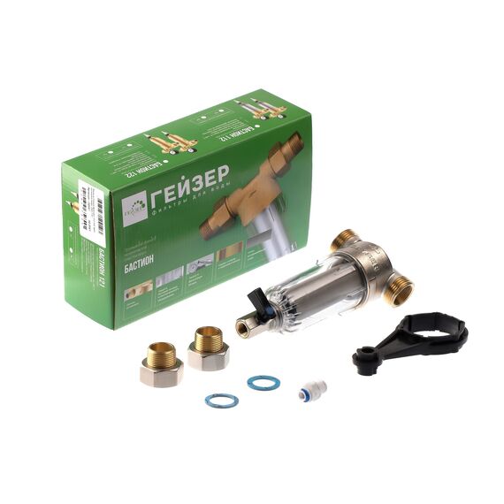 Магистральный фильтр Гейзер Бастион 111 3/4", Типоразмер: нестандартный, Наружная резьба: 3/4", Температура воды: до +40°C, Тонкость очистки: 90 микрон, изображение 2