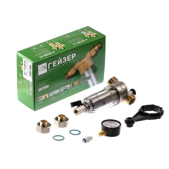 Магистральный фильтр Гейзер Бастион 112 1/2", Типоразмер: нестандартный, Наружная резьба: 1/2", Температура воды: до +40°C, Тонкость очистки: 90 микрон, изображение 2