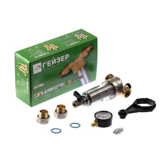 Магистральный фильтр Гейзер Бастион 112 3/4", Типоразмер: нестандартный, Наружная резьба: 3/4", Температура воды: до +40°C, Тонкость очистки: 90 микрон, изображение 2