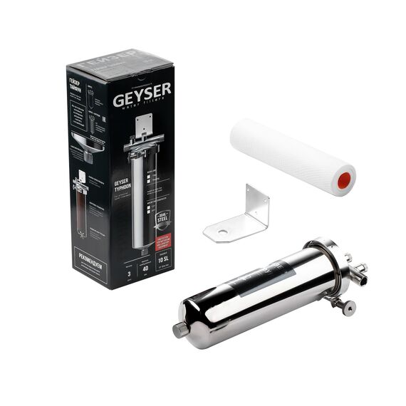 Магистральный фильтр Гейзер Тайфун 10SL 1/2", Типоразмер: Slim Line 10", Наружная резьба: 1/2", Температура воды: до +95°C, Тонкость очистки: 10 микрон, изображение 2