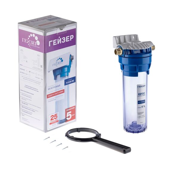 Корпус Гейзер 10SL с металлическими ниппелями 1/2", Типоразмер: Slim Line 10", Корпус: прозрачный, Наружная резьба: 1/2", Температура воды: до +40°C, изображение 2