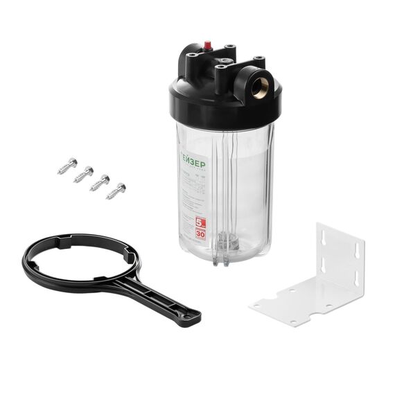 Прозрачный корпус Гейзер BB10 с латунными вставками 1", Типоразмер: Big Blue 10", Корпус: прозрачный, Внутренняя резьба: 1", Температура воды: до +40°C, изображение 2