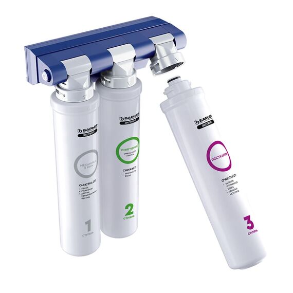 Проточный питьевой фильтр Барьер Эксперт Жесткость, Блок крепления картриджей: шарнирный, изображение 2