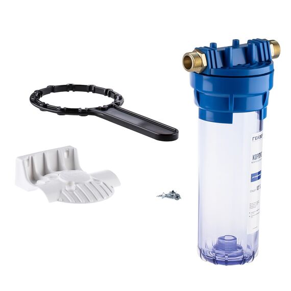 Корпус Гейзер 10SL с металлическими ниппелями 3/4" (прозрачная колба), Типоразмер: Slim Line 10", Корпус: прозрачный, Наружная резьба: 3/4", Температура воды: до +40°C, изображение 2