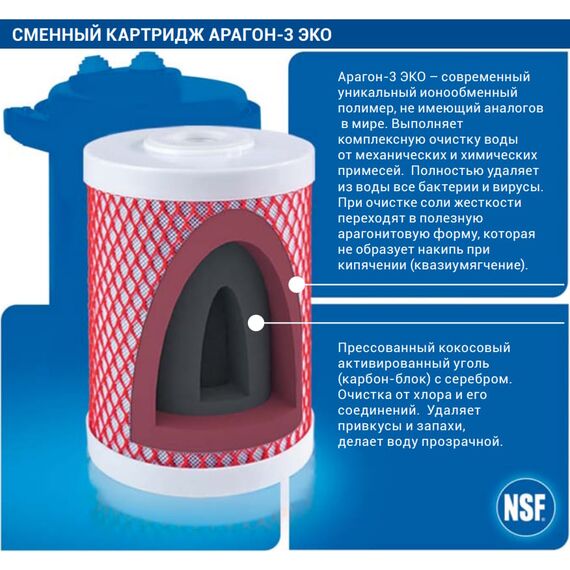Картридж Гейзер Арагон-3 Эко для мягкой питьевой воды, Рекомендован для: мягкой воды, Типоразмер: нестандарт, Температура воды: до +40 °C, Тонкость очистки: 0,1 мкм, изображение 3