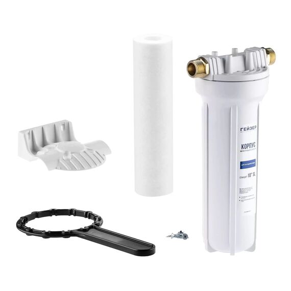 Магистральный фильтр Гейзер 1П 3/4", Типоразмер: Slim Line 10", Корпус: матовый, Наружная резьба: 3/4", Температура воды: до +40°C, Тонкость очистки: 5 микрон, изображение 2