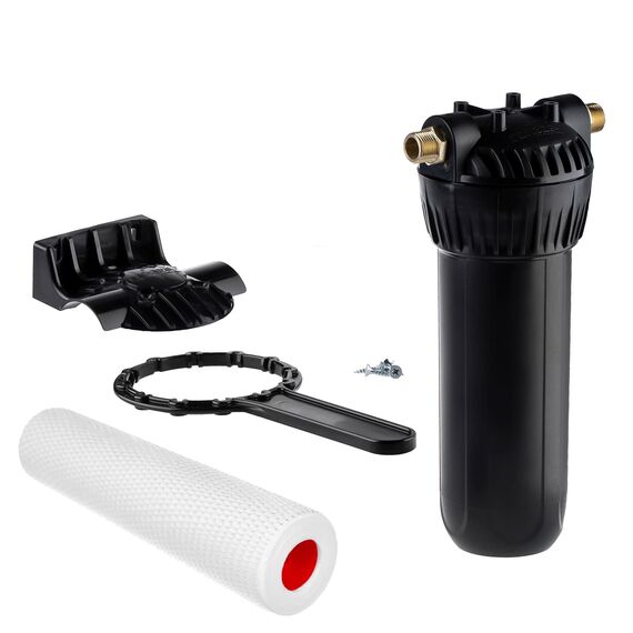 Магистральный фильтр Гейзер 1Г 1/2", Типоразмер: Slim Line 10", Корпус: термостойкий, Наружная резьба: 1/2", Температура воды: до +95°C, Тонкость очистки: 5 микрон, изображение 2